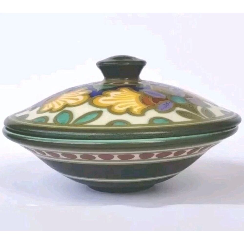 Antique Madeleine Gouda Holland Plazuid Lidded Trinket Dish Art Nouveau Signed